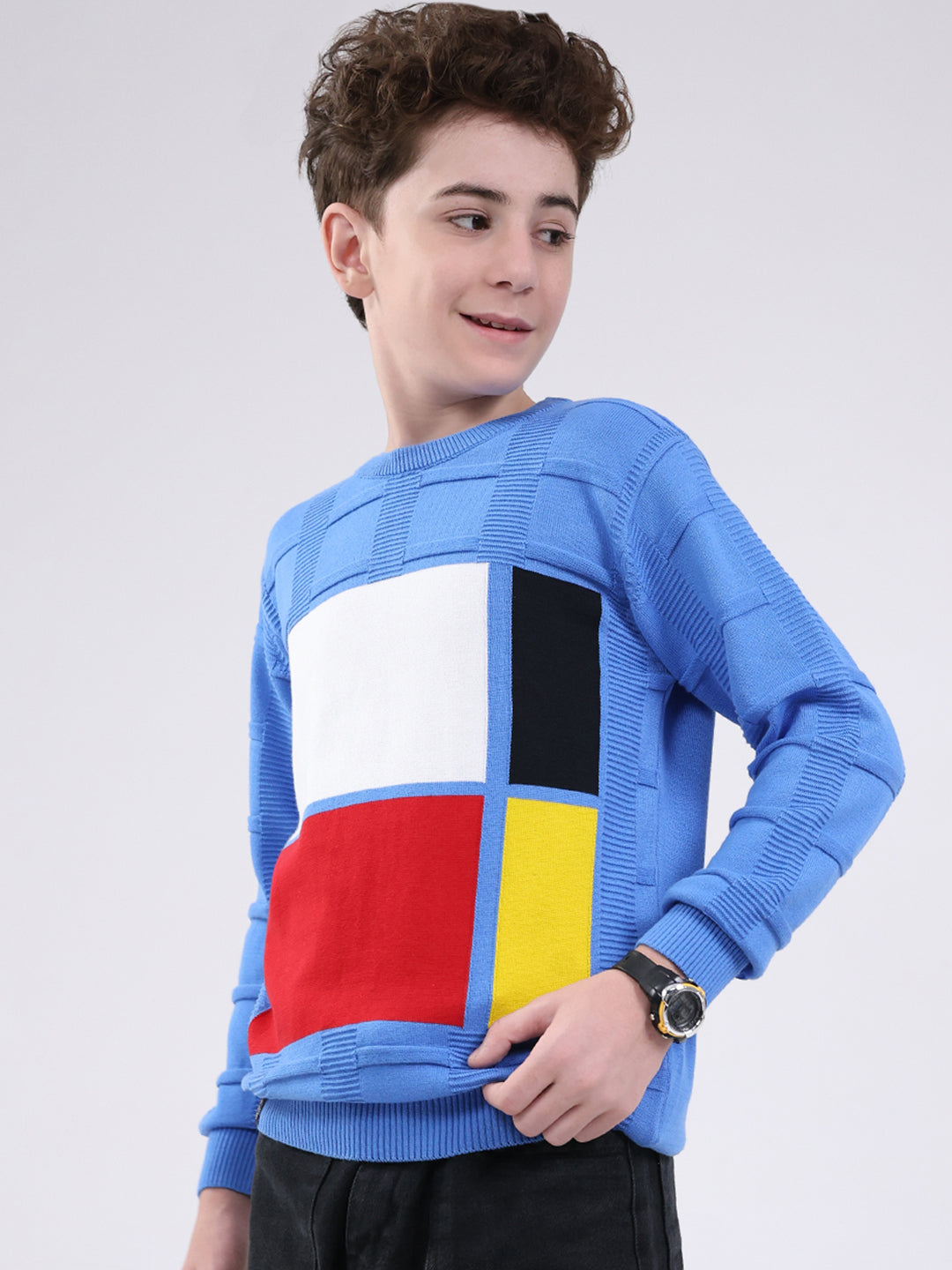 Boys Blue Self Design Round Neck Full Sleeve Pullover