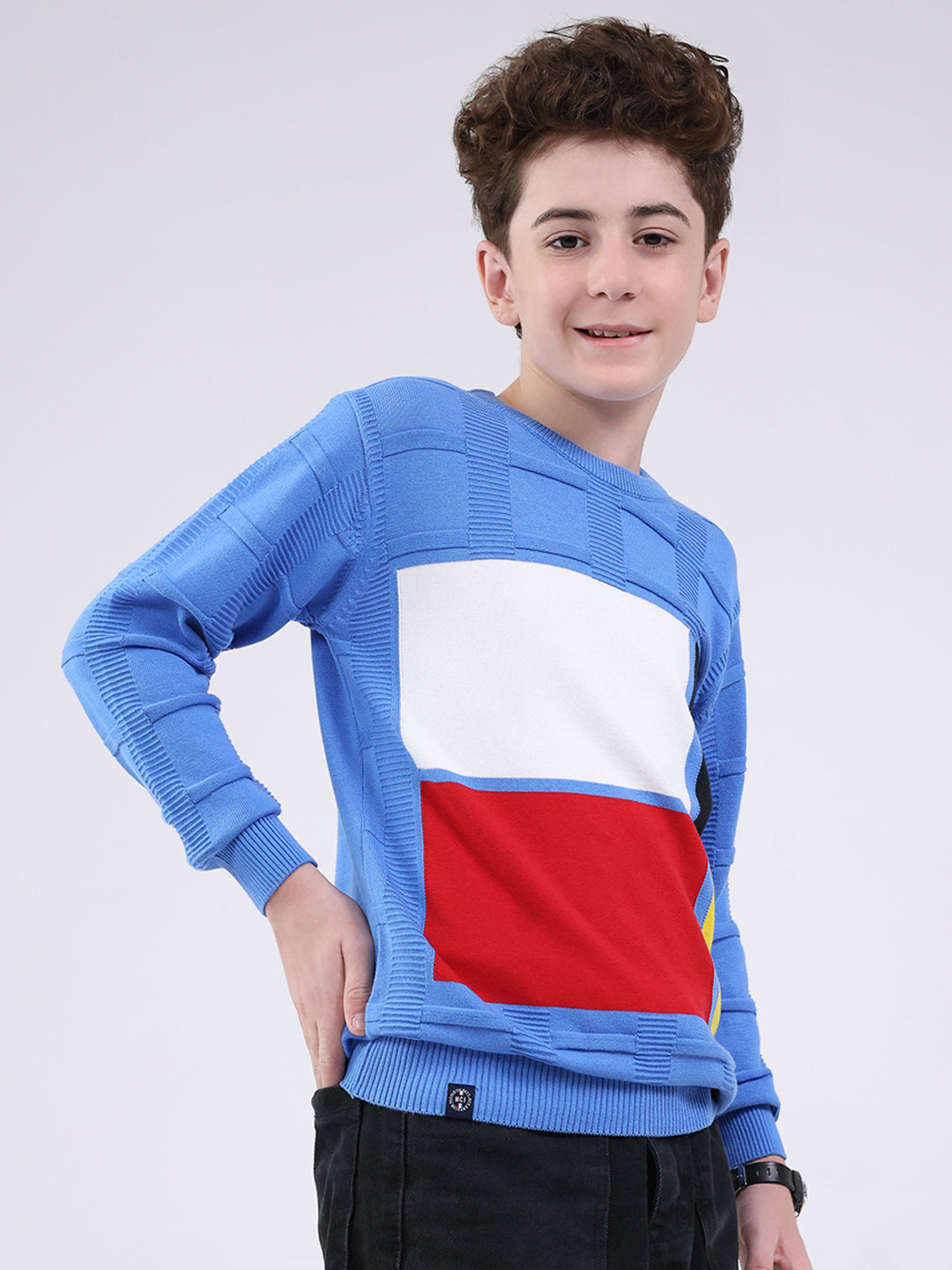 Boys Blue Self Design Round Neck Full Sleeve Pullover