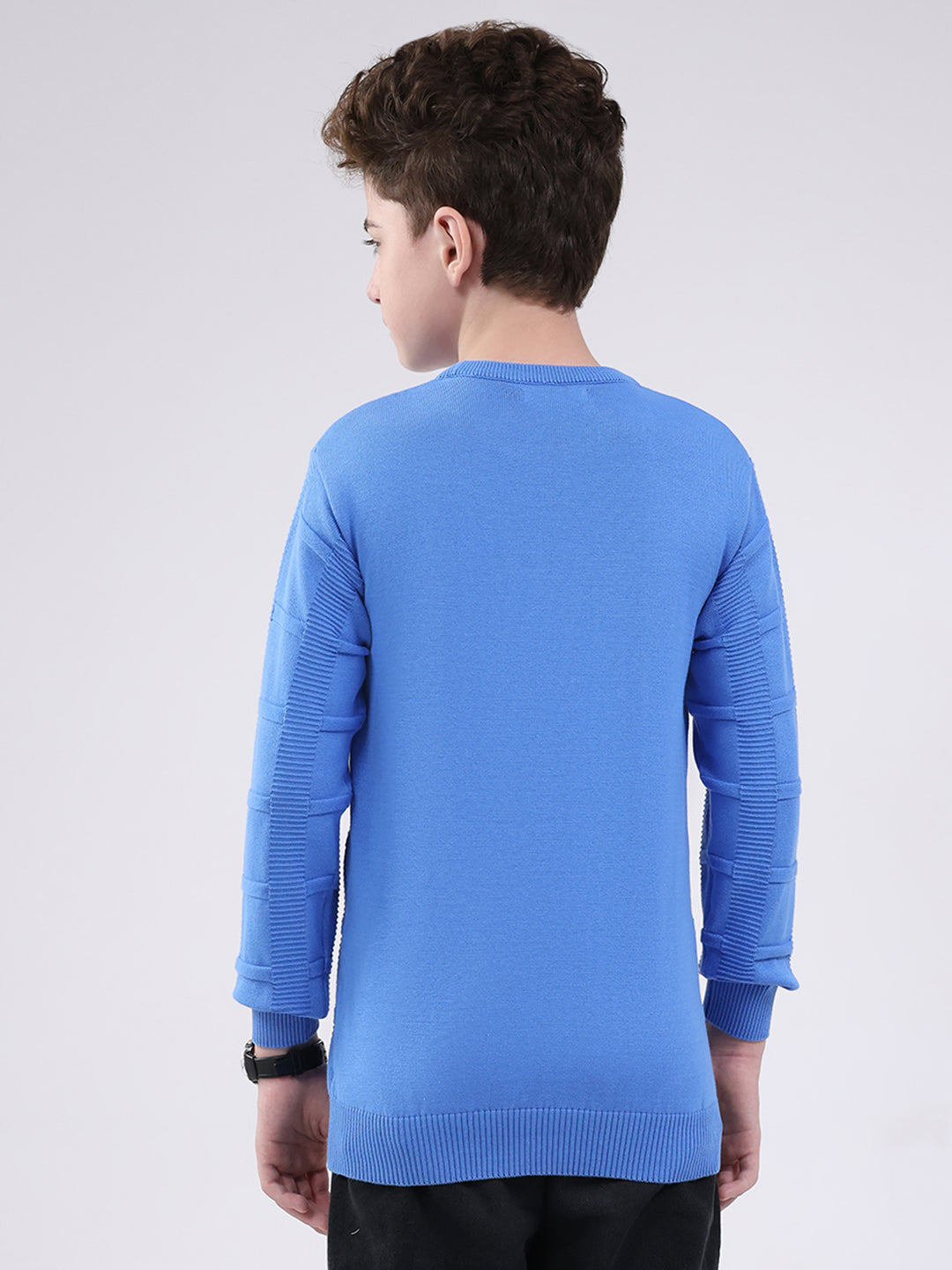 Boys Blue Self Design Round Neck Full Sleeve Pullover