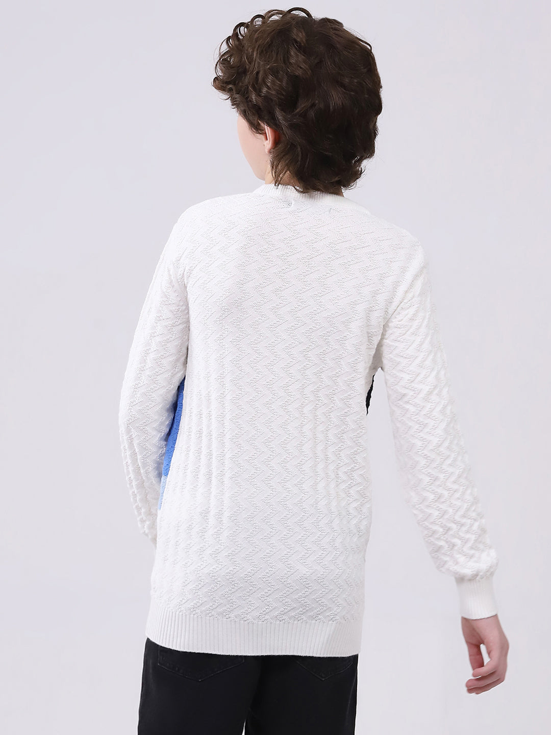 Boys Off White Self Design Round Neck Full Sleeve Pullover