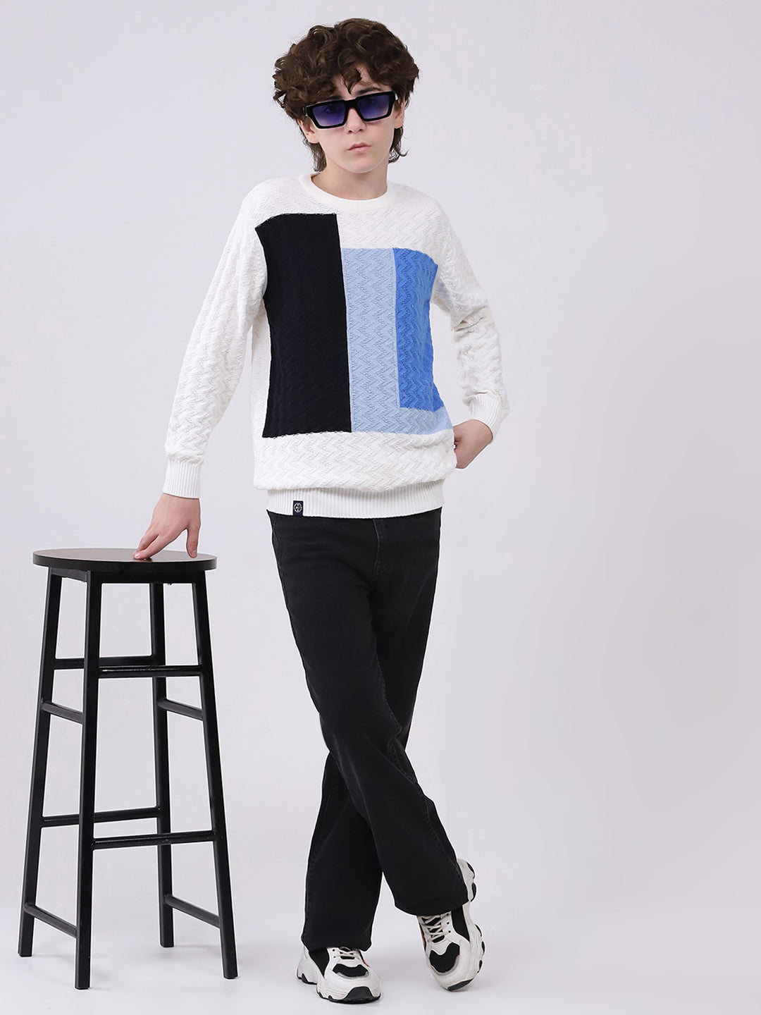 Boys Off White Self Design Round Neck Full Sleeve Pullover