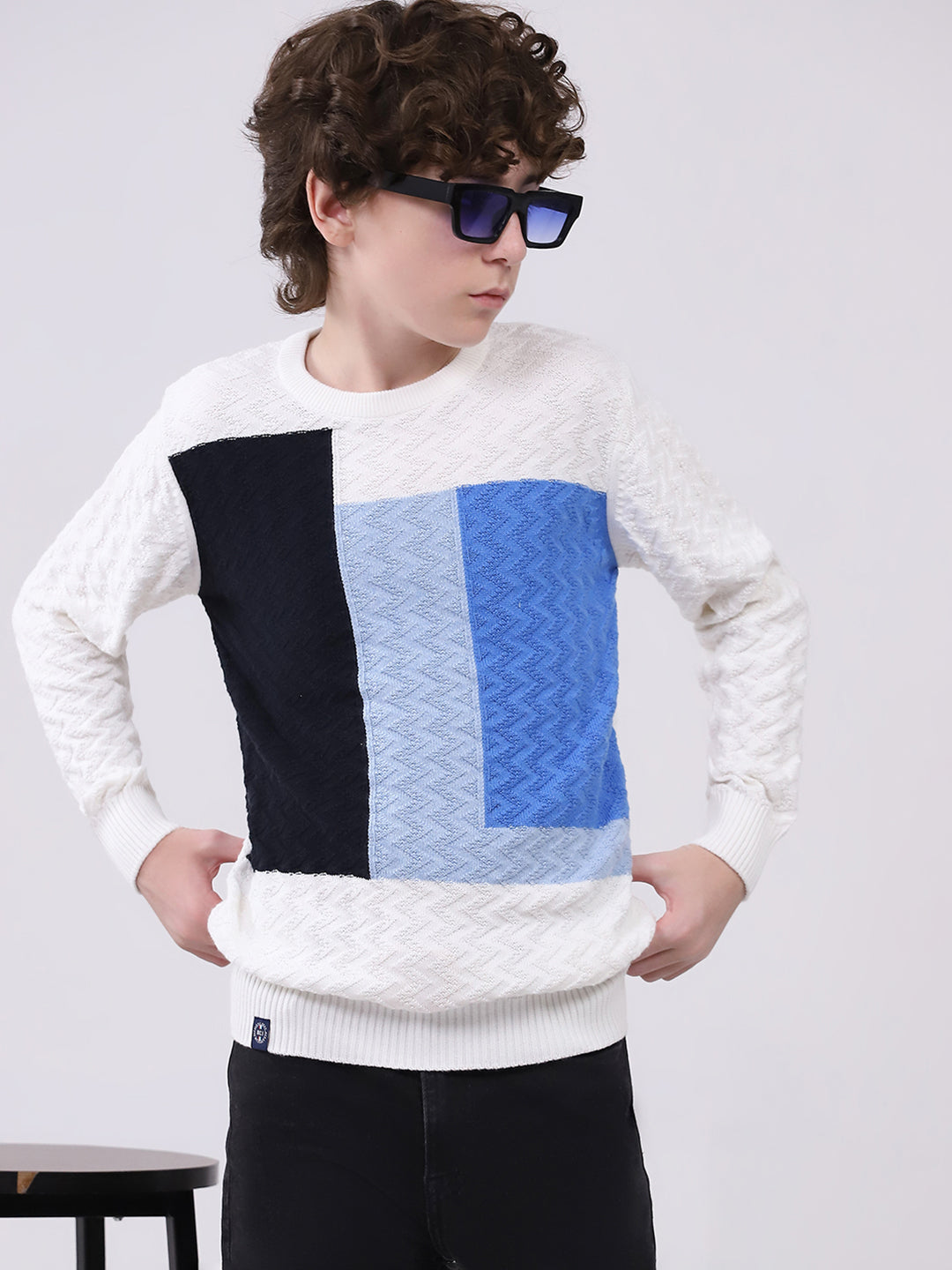 Boys Off White Self Design Round Neck Full Sleeve Pullover