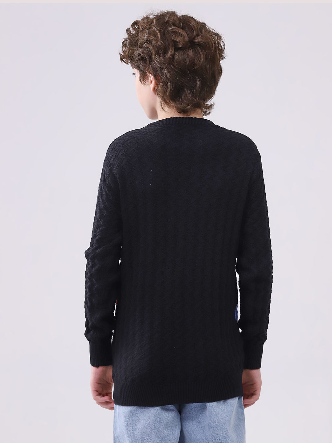 Boys Black Self Design Round Neck Full Sleeve Pullover