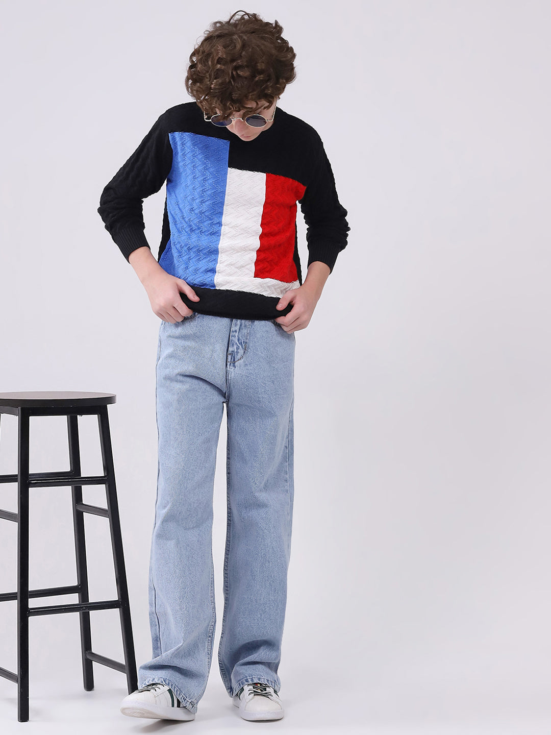 Boys Black Self Design Round Neck Full Sleeve Pullover