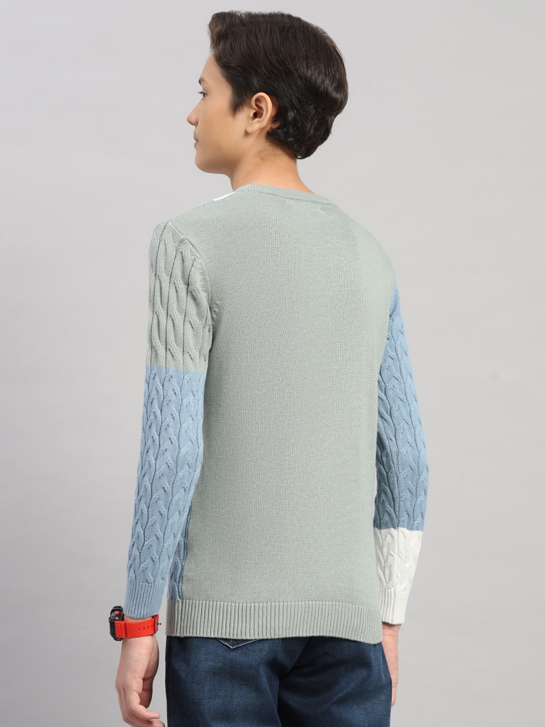 Boys Green Stripe Round Neck Full Sleeve Pullover