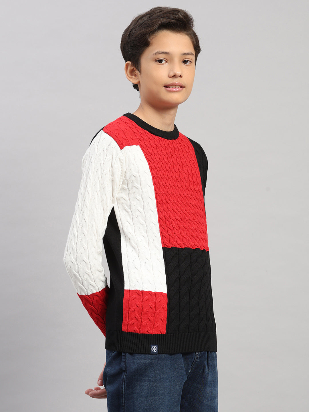 Boys Black Stripe Round Neck Full Sleeve Pullover