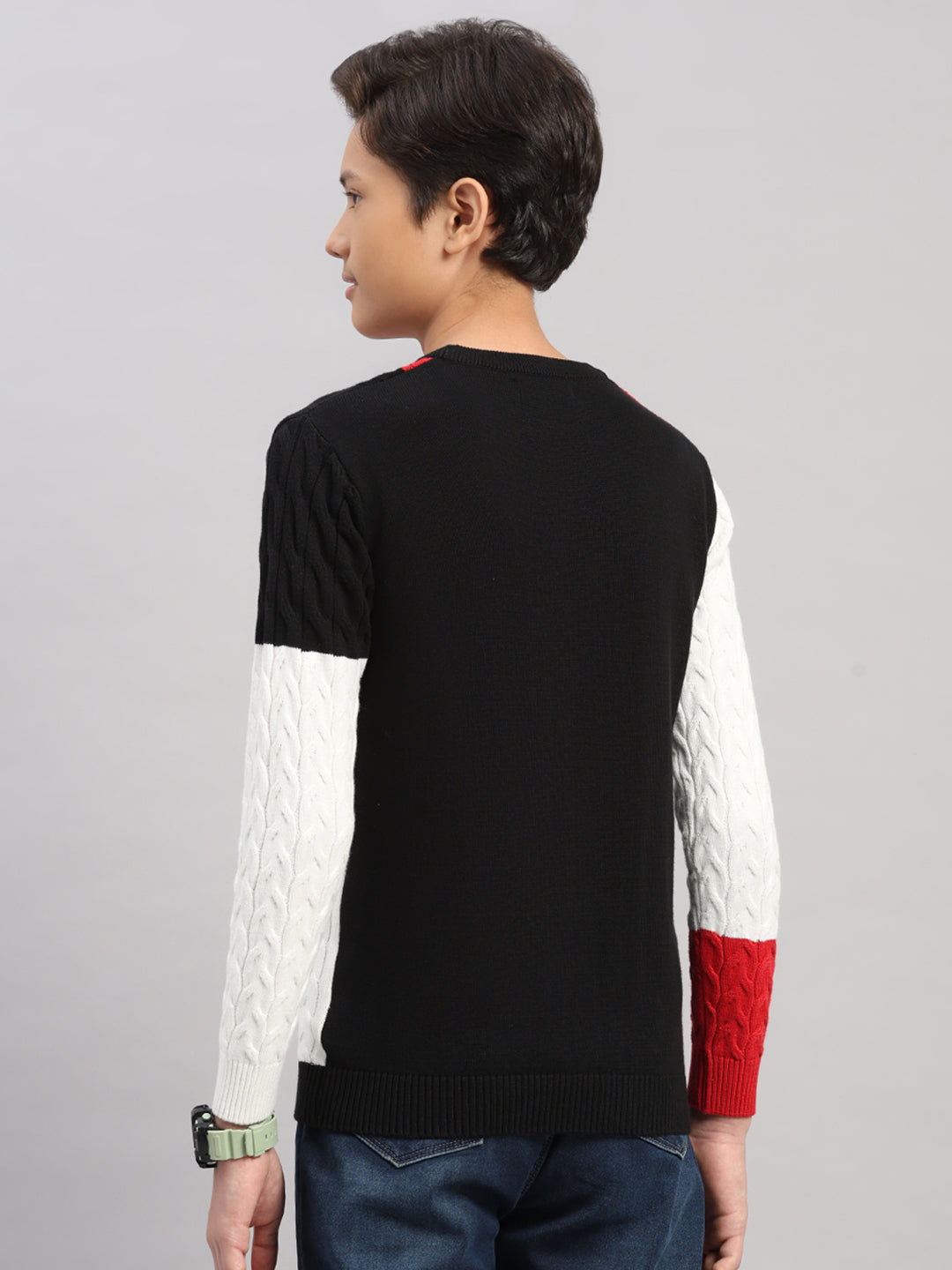 Boys Black Stripe Round Neck Full Sleeve Pullover