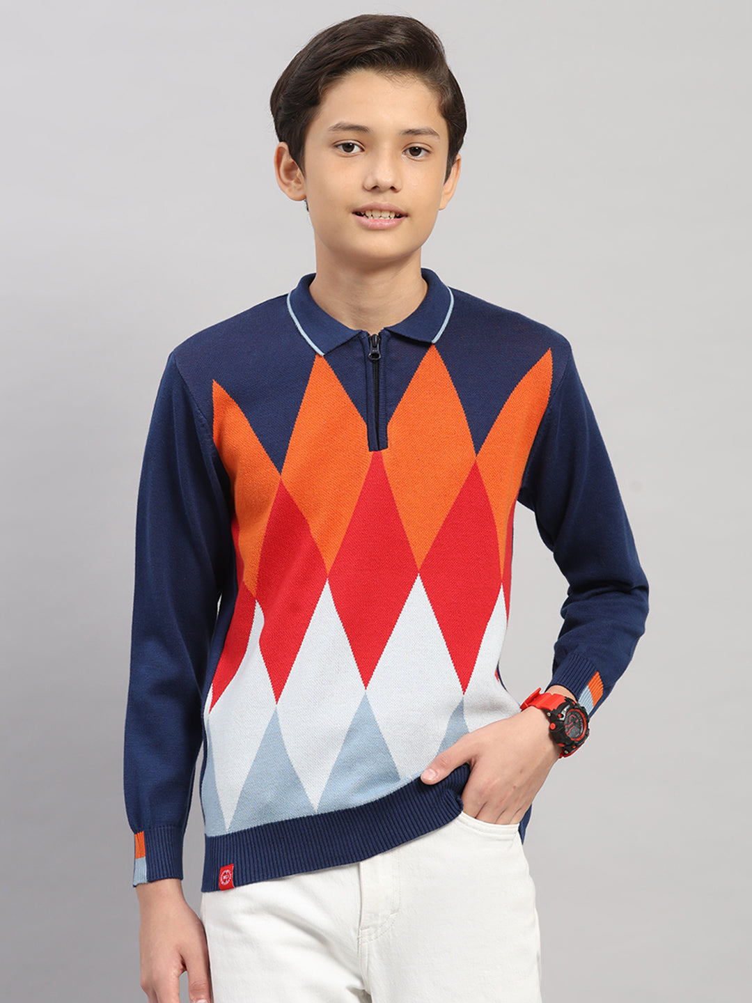 Boys Navy Blue Stripe Collar Full Sleeve Pullover
