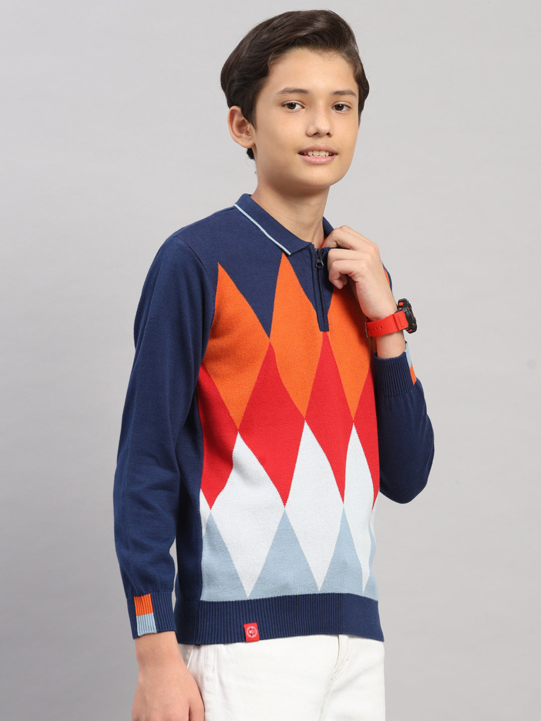 Boys Navy Blue Stripe Collar Full Sleeve Pullover