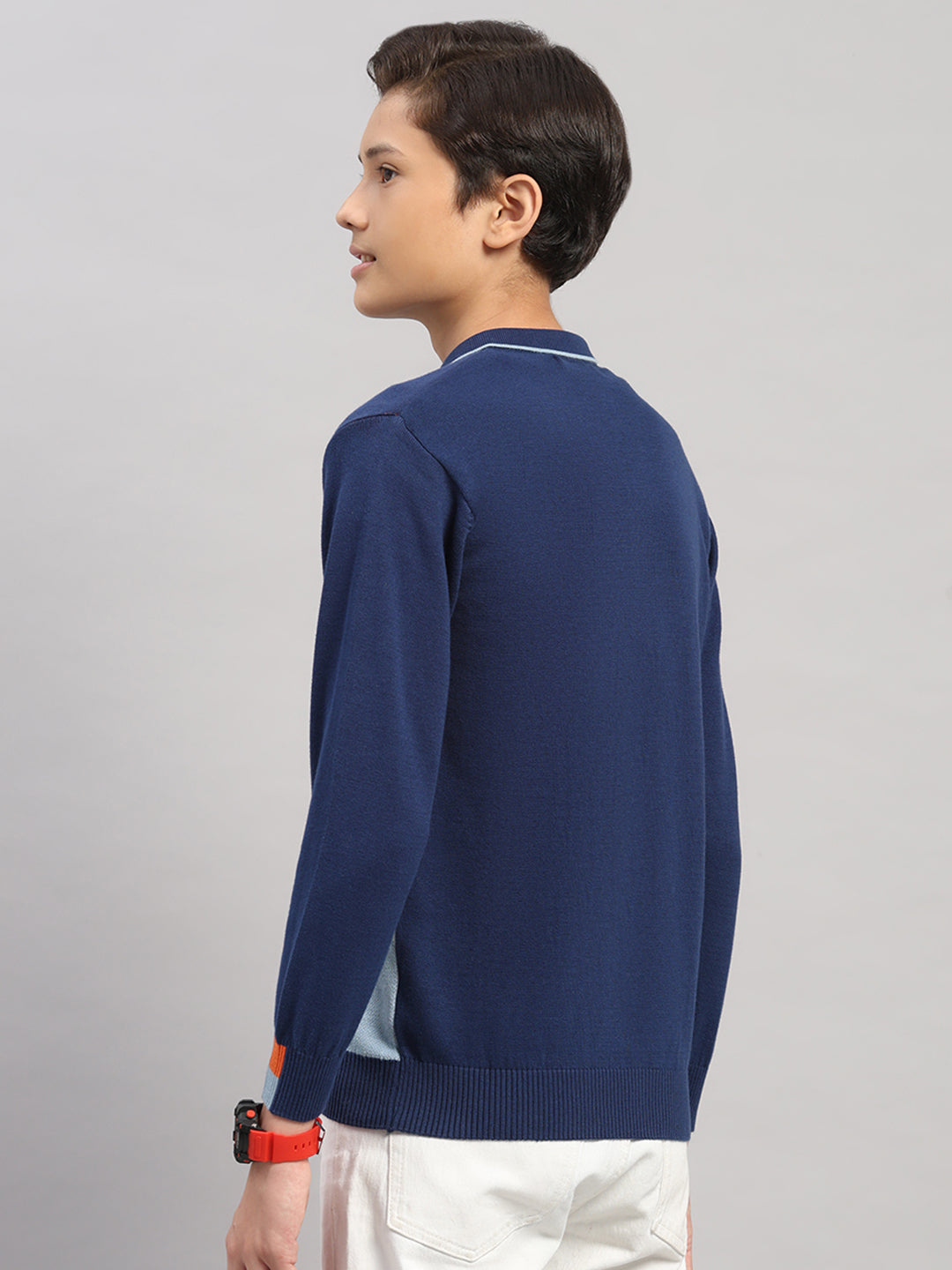 Boys Navy Blue Stripe Collar Full Sleeve Pullover