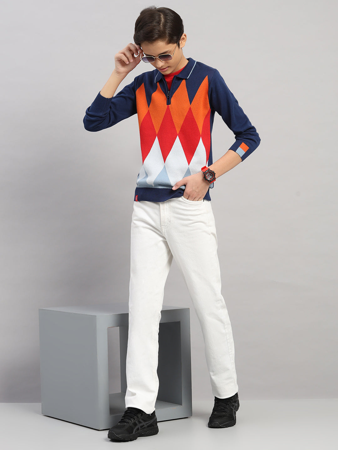 Boys Navy Blue Stripe Collar Full Sleeve Pullover