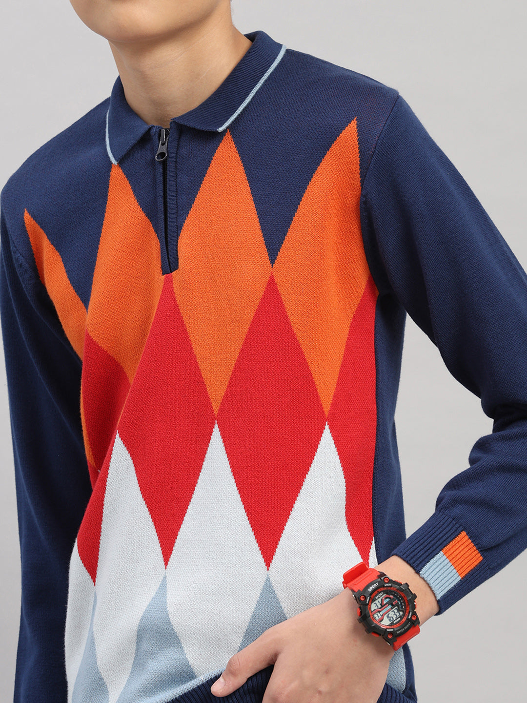Boys Navy Blue Stripe Collar Full Sleeve Pullover