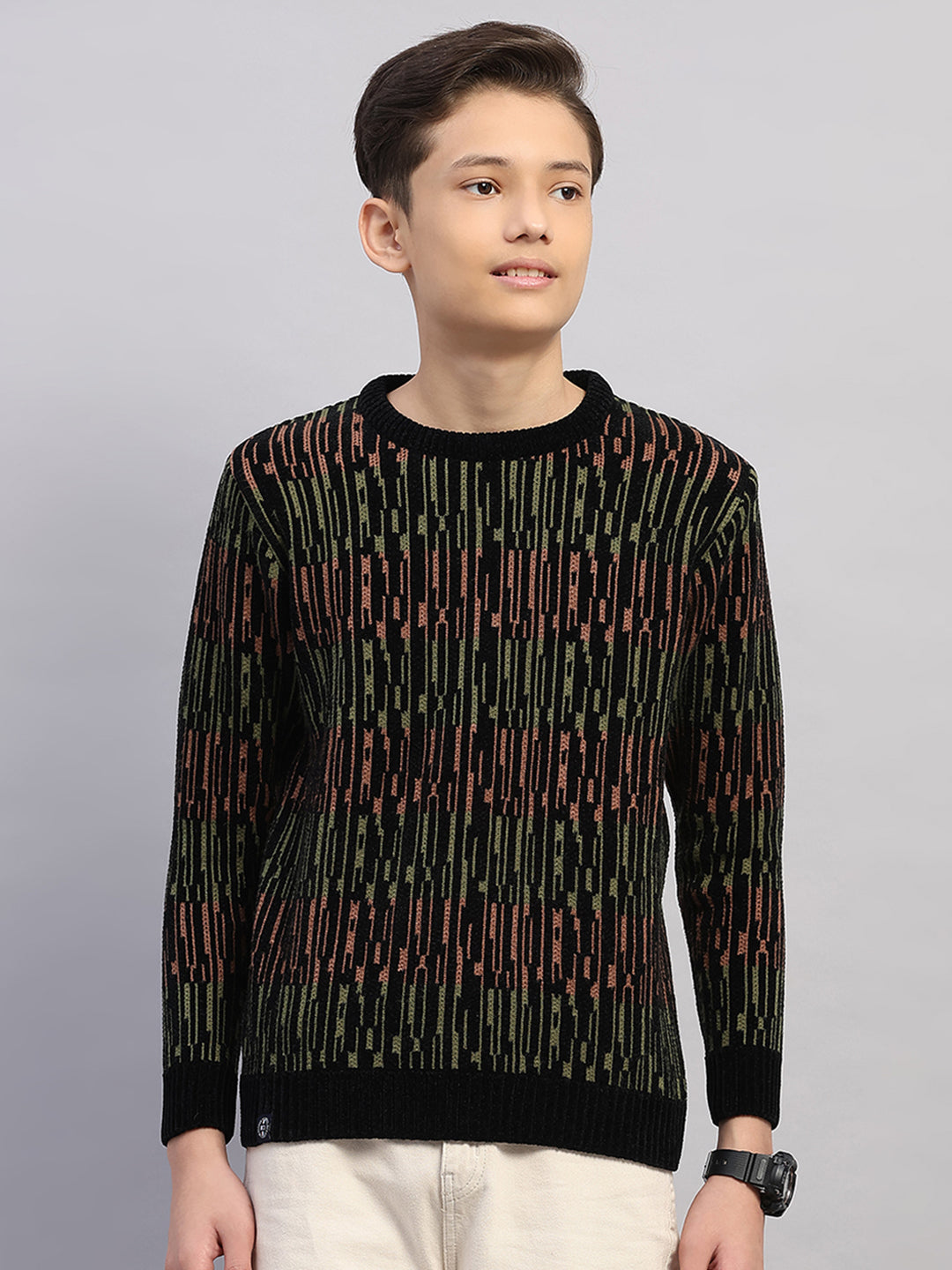 Boys Black Stripe Round Neck Full Sleeve Pullover