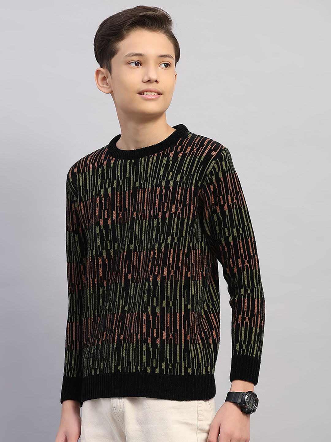 Boys Black Stripe Round Neck Full Sleeve Pullover