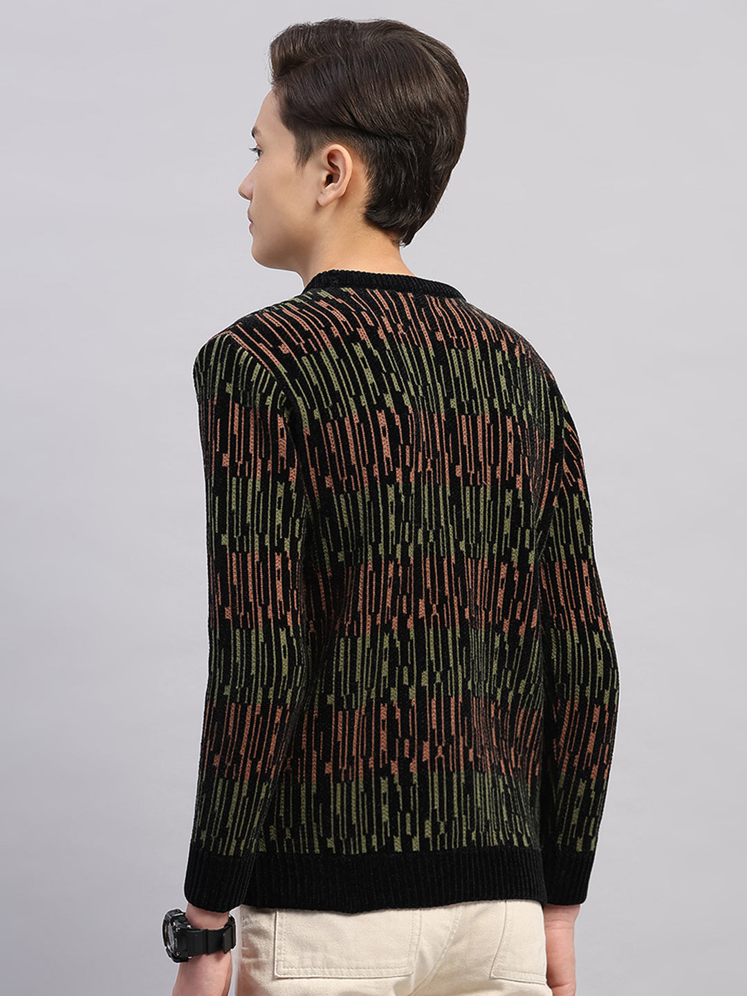 Boys Black Stripe Round Neck Full Sleeve Pullover