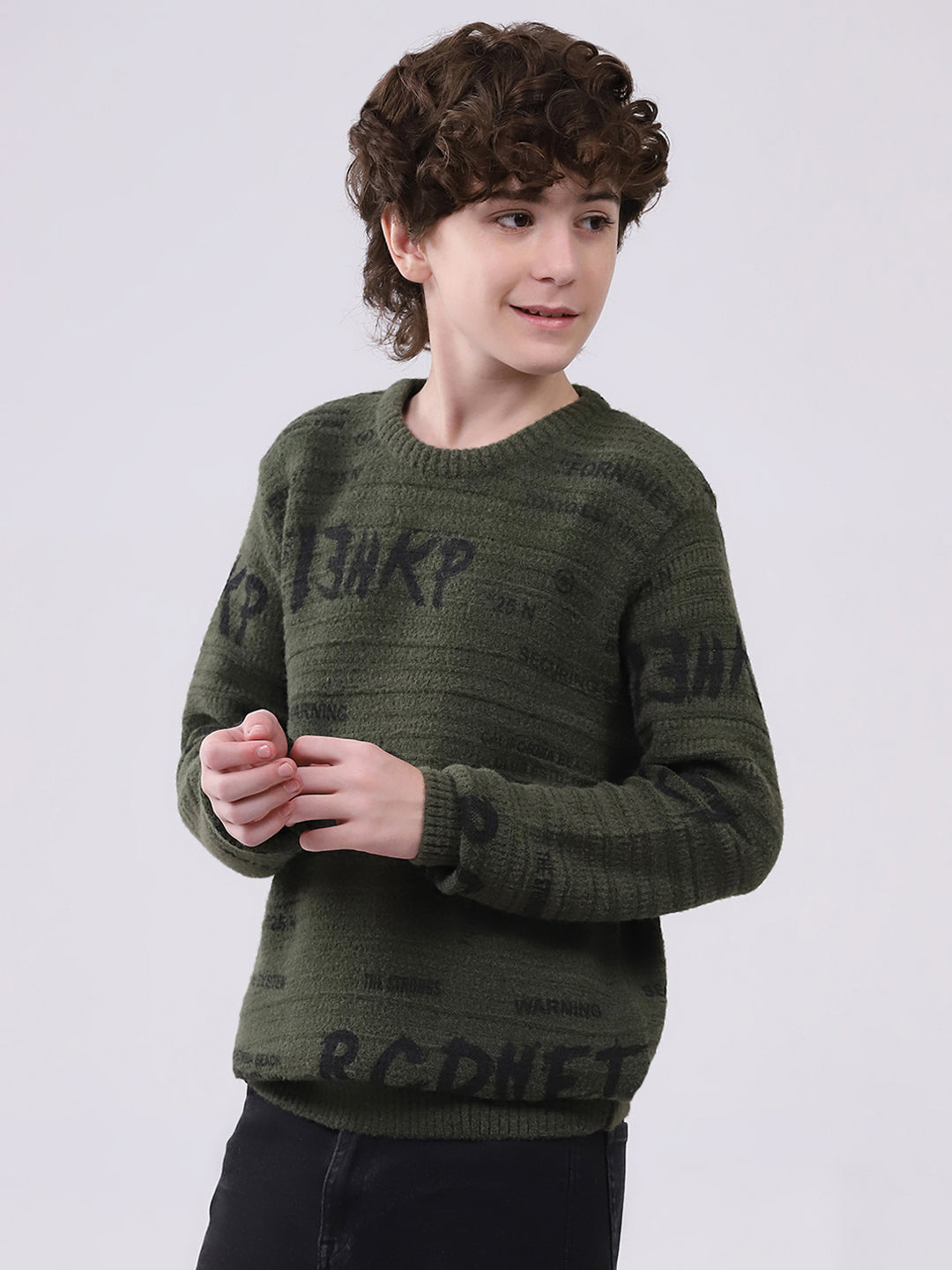 Boys Olive Self Design Round Neck Full Sleeve Pullover