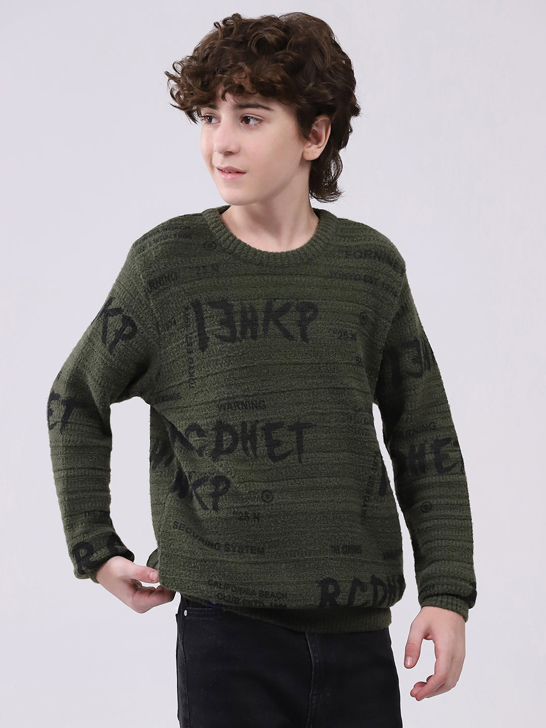 Boys Olive Self Design Round Neck Full Sleeve Pullover