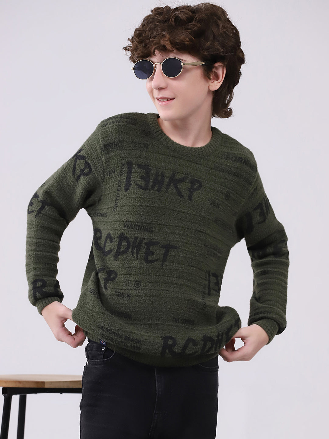 Boys Olive Self Design Round Neck Full Sleeve Pullover
