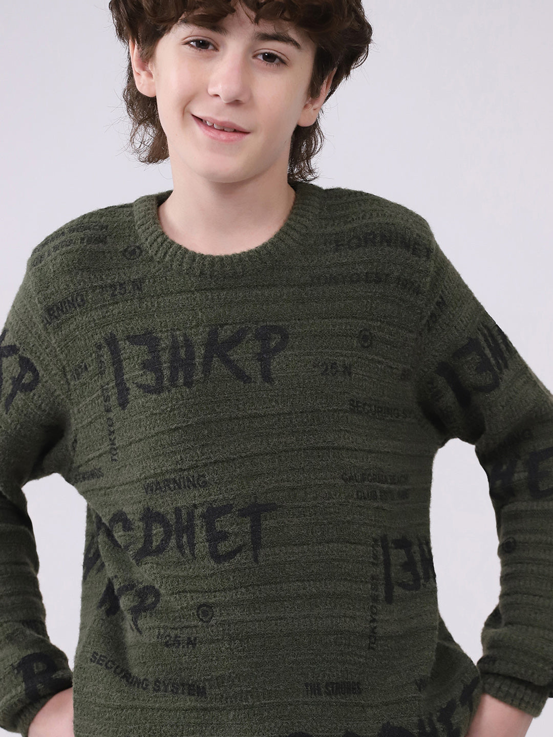 Boys Olive Self Design Round Neck Full Sleeve Pullover