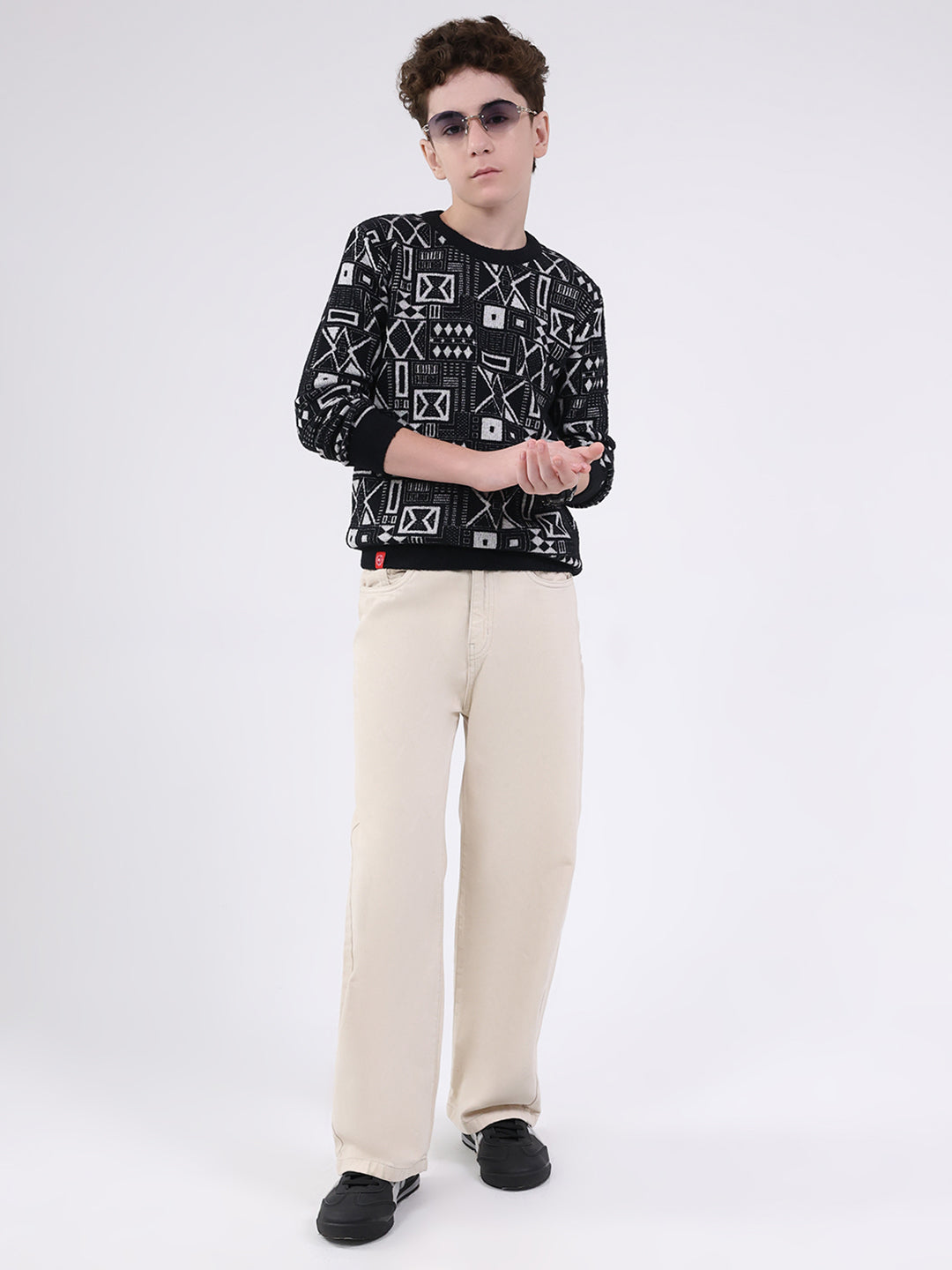 Boys Black Printed Round Neck Full Sleeve Pullover