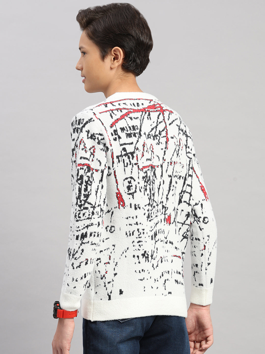 Boys Off White Stripe Round Neck Full Sleeve Pullover