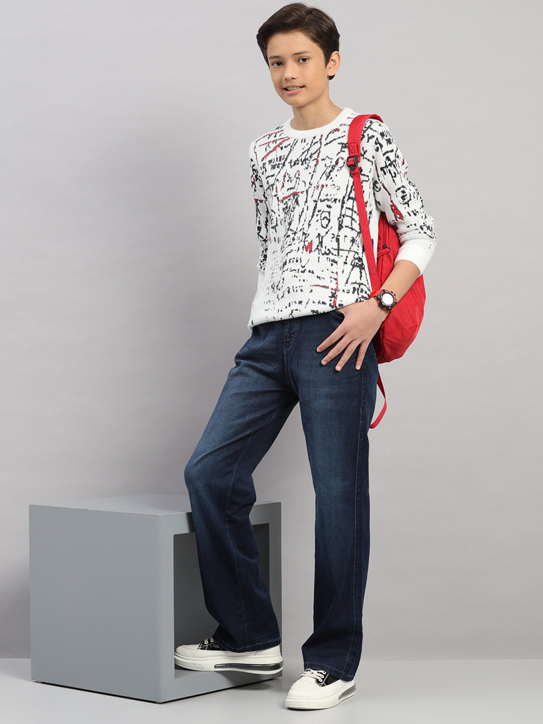 Boys Off White Stripe Round Neck Full Sleeve Pullover