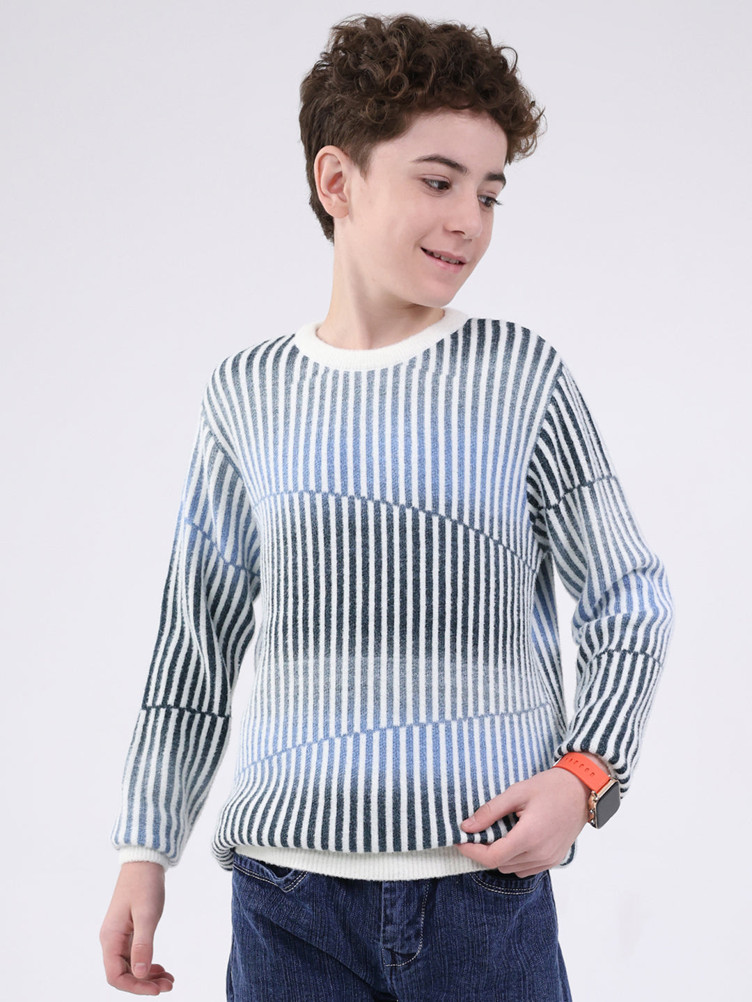Boys Blue Stripe Round Neck Full Sleeve Pullover