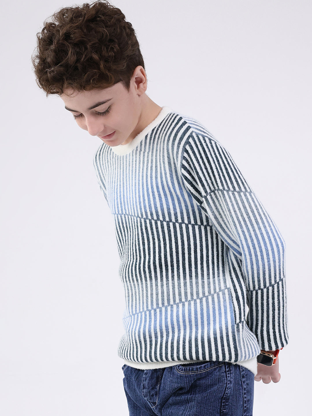 Boys Blue Stripe Round Neck Full Sleeve Pullover