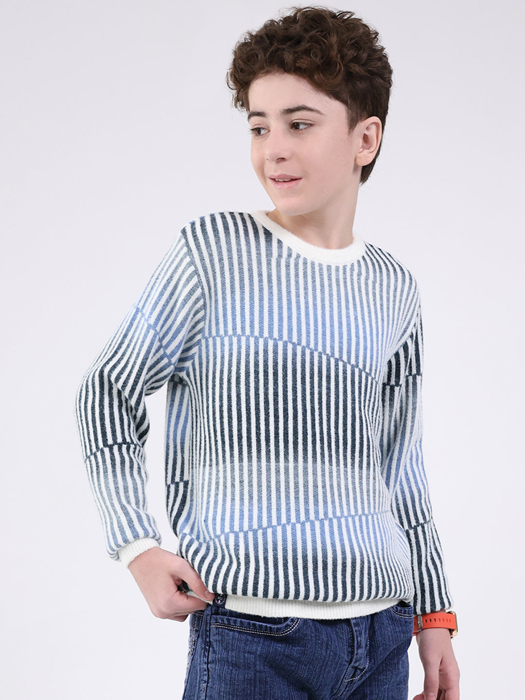 Boys Blue Stripe Round Neck Full Sleeve Pullover