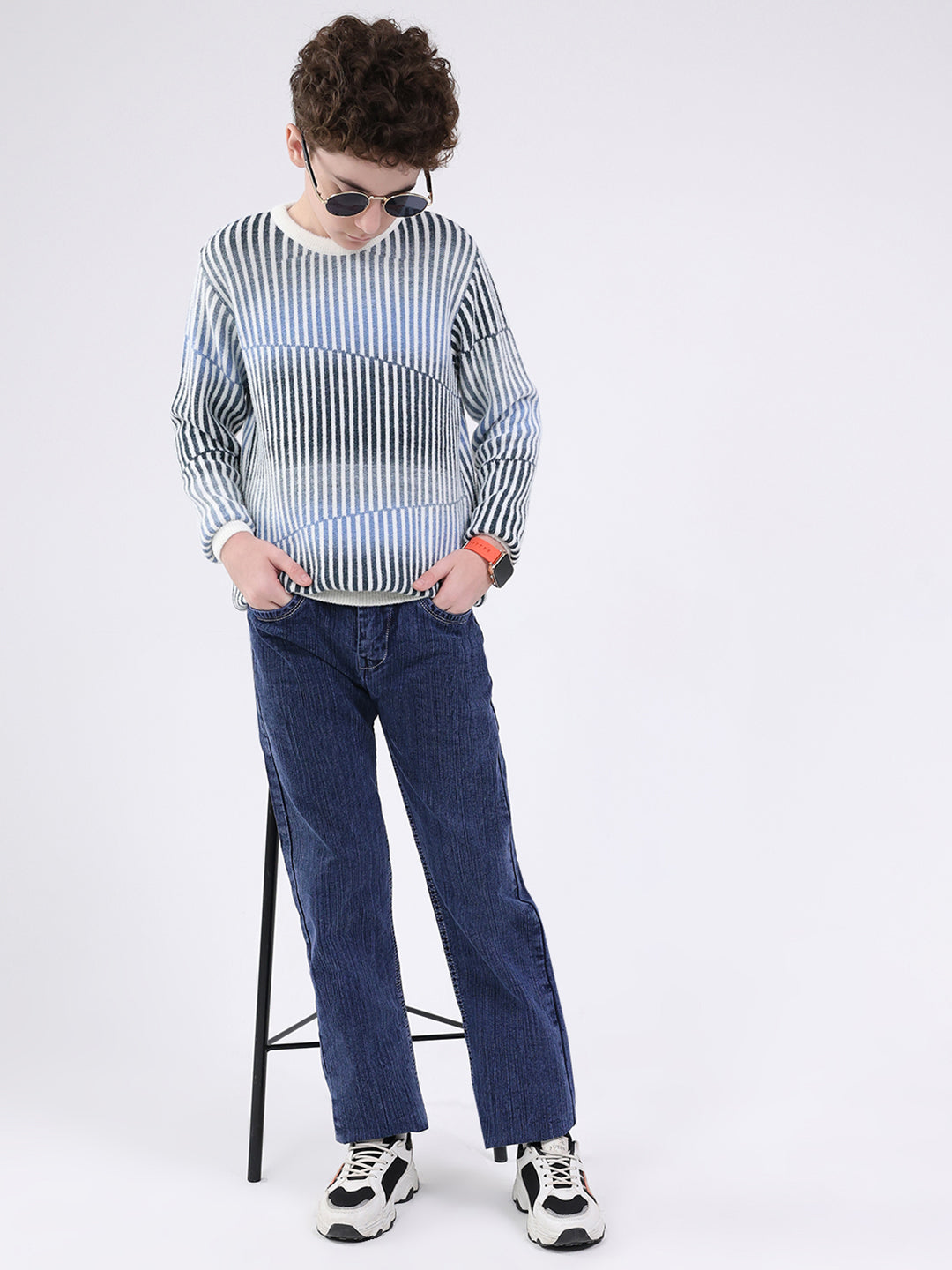 Boys Blue Stripe Round Neck Full Sleeve Pullover