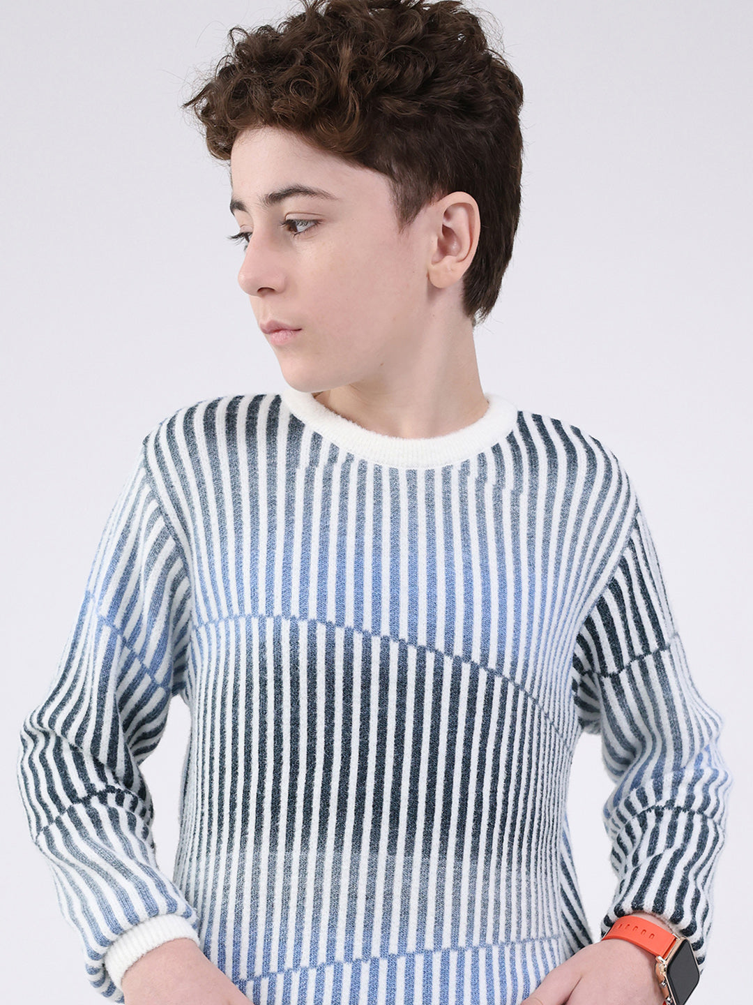 Boys Blue Stripe Round Neck Full Sleeve Pullover