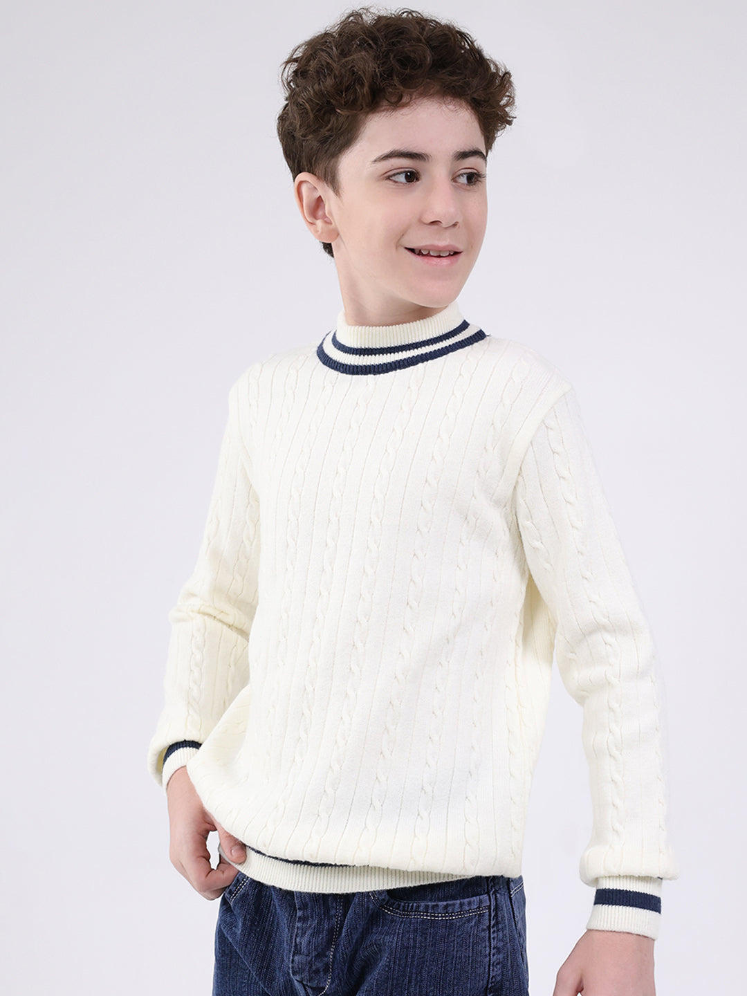 Boys Off White Self Design Round Neck Full Sleeve Pullover