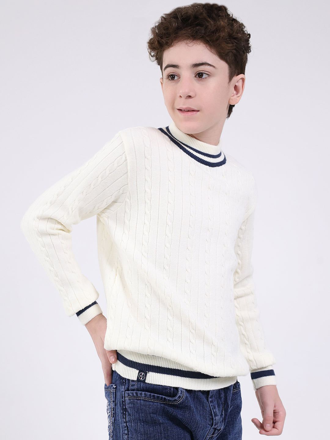 Boys Off White Self Design Round Neck Full Sleeve Pullover