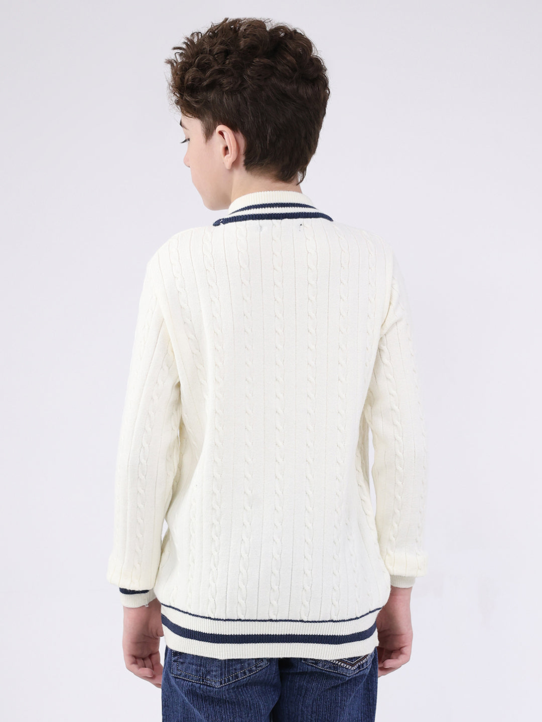 Boys Off White Self Design Round Neck Full Sleeve Pullover