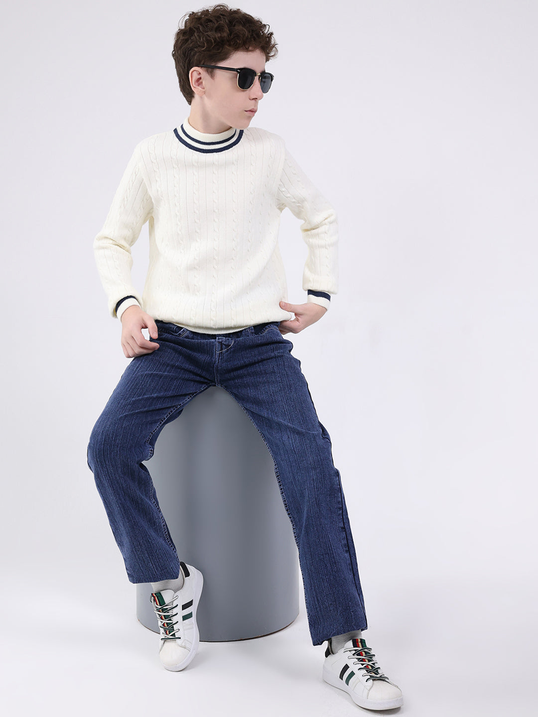 Boys Off White Self Design Round Neck Full Sleeve Pullover