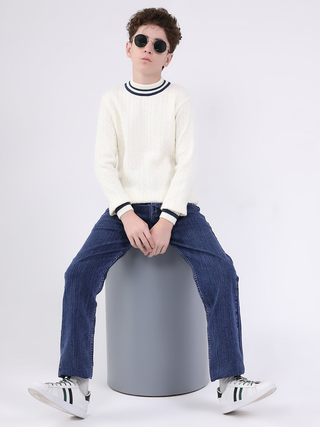 Boys Off White Self Design Round Neck Full Sleeve Pullover