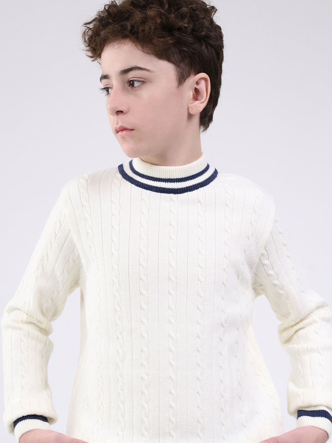 Boys Off White Self Design Round Neck Full Sleeve Pullover