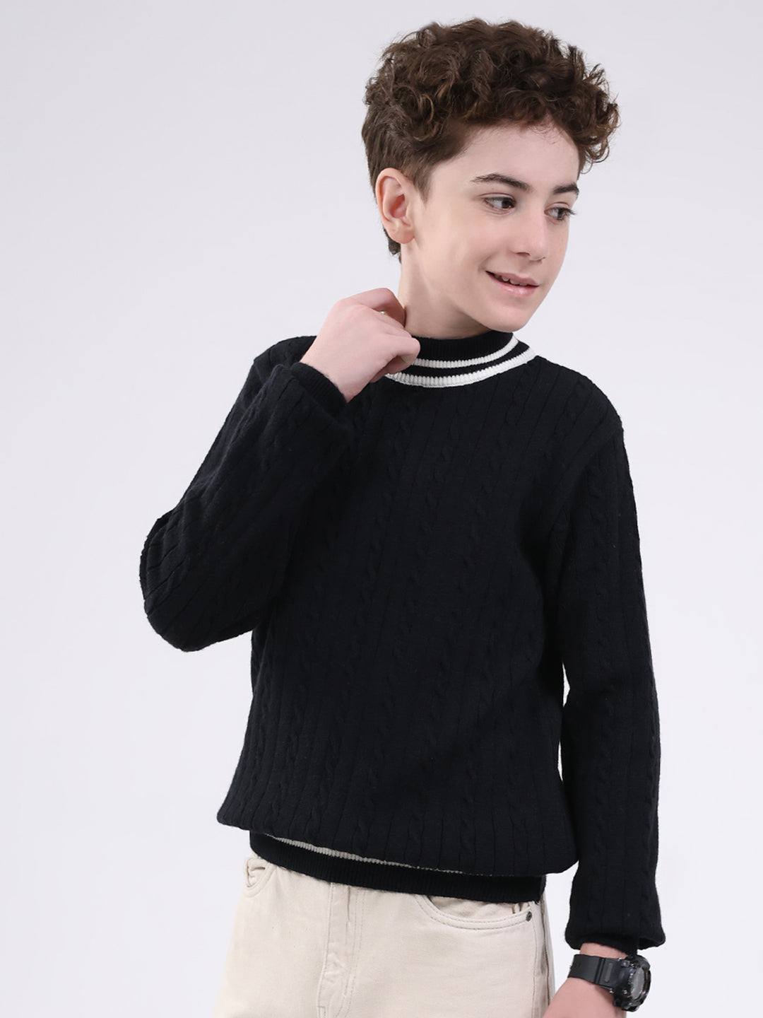 Boys Black Self Design Round Neck Full Sleeve Pullover