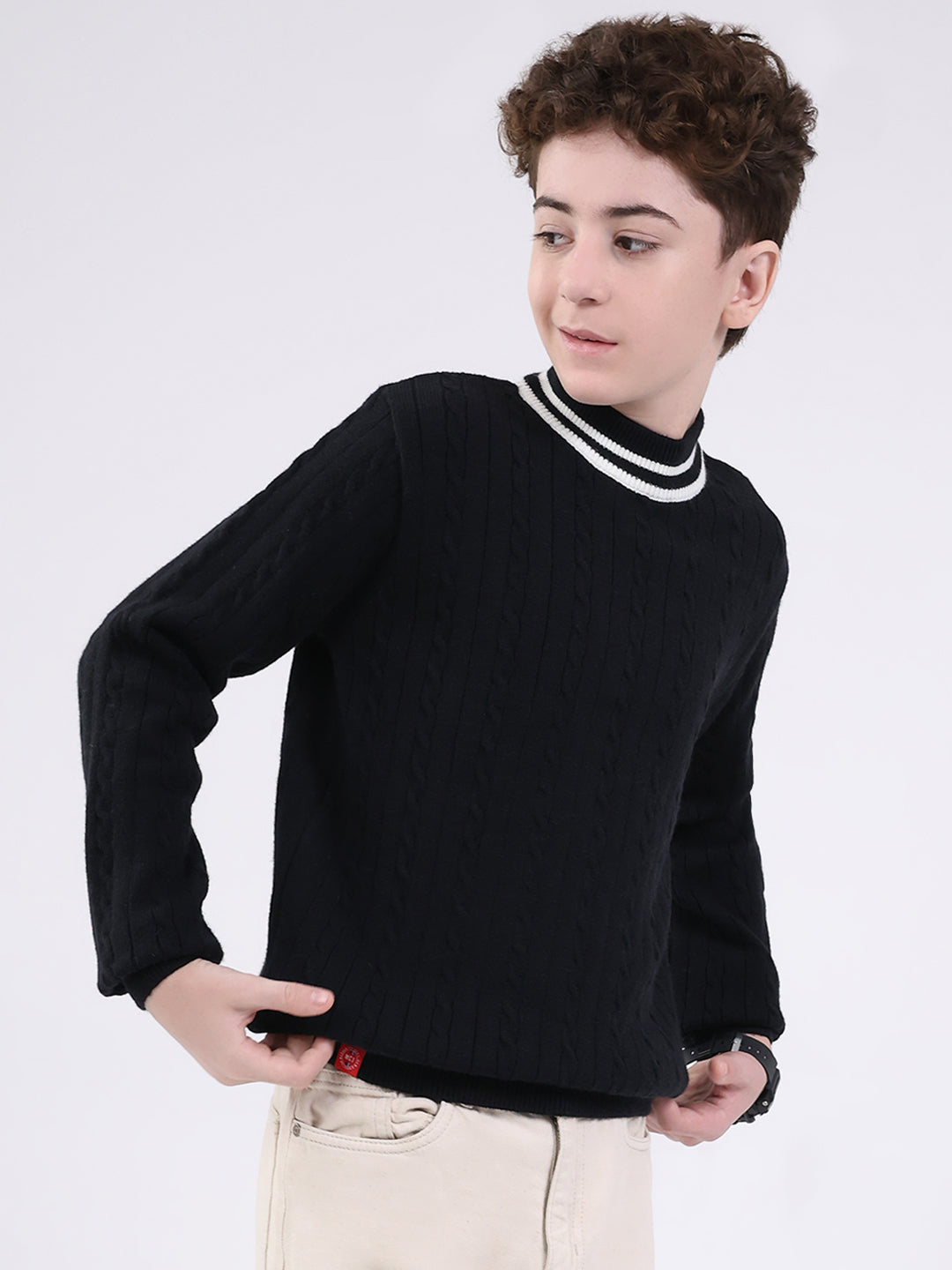 Boys Black Self Design Round Neck Full Sleeve Pullover