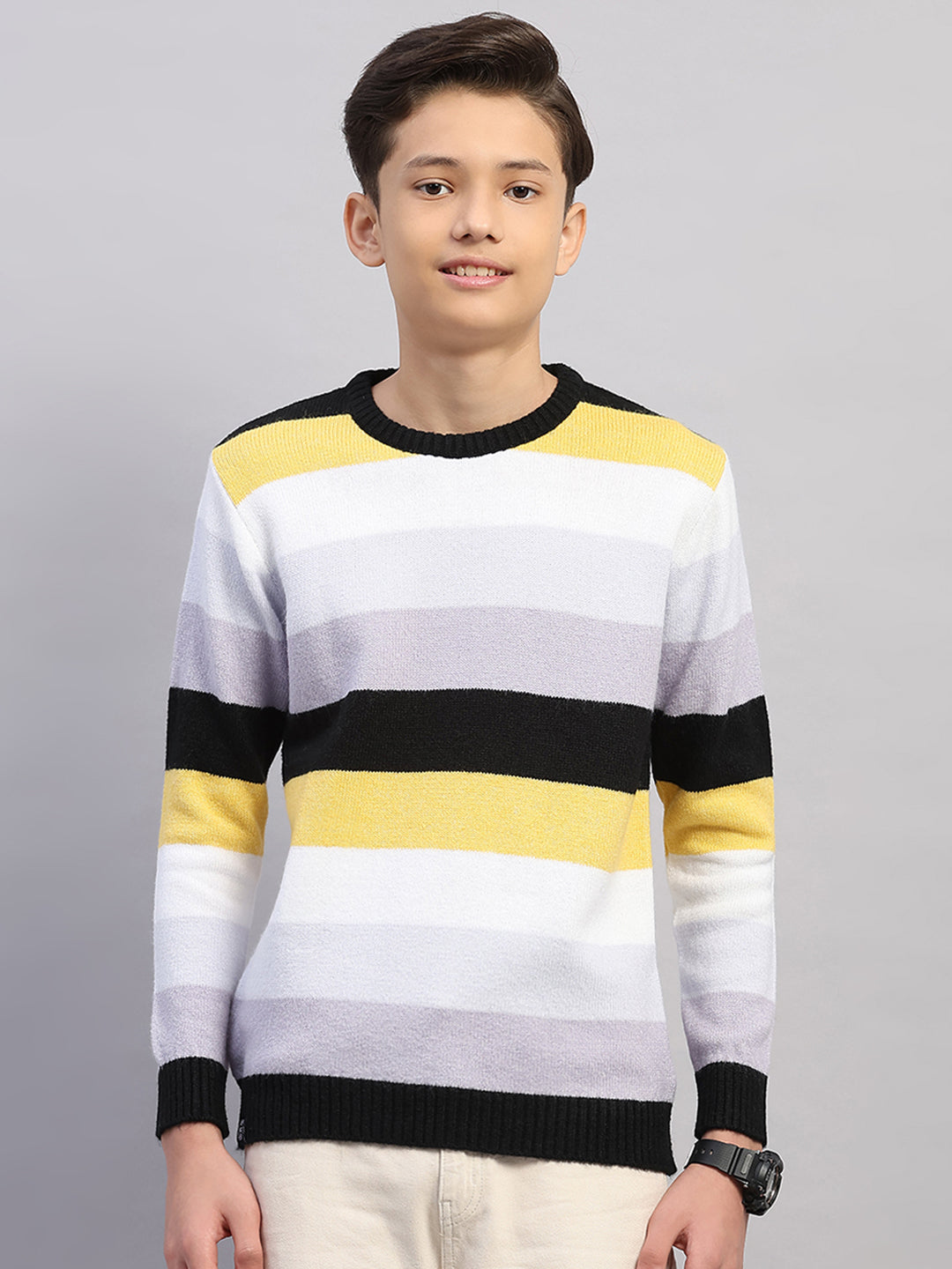 Boys Purple Stripe Round Neck Full Sleeve Pullover