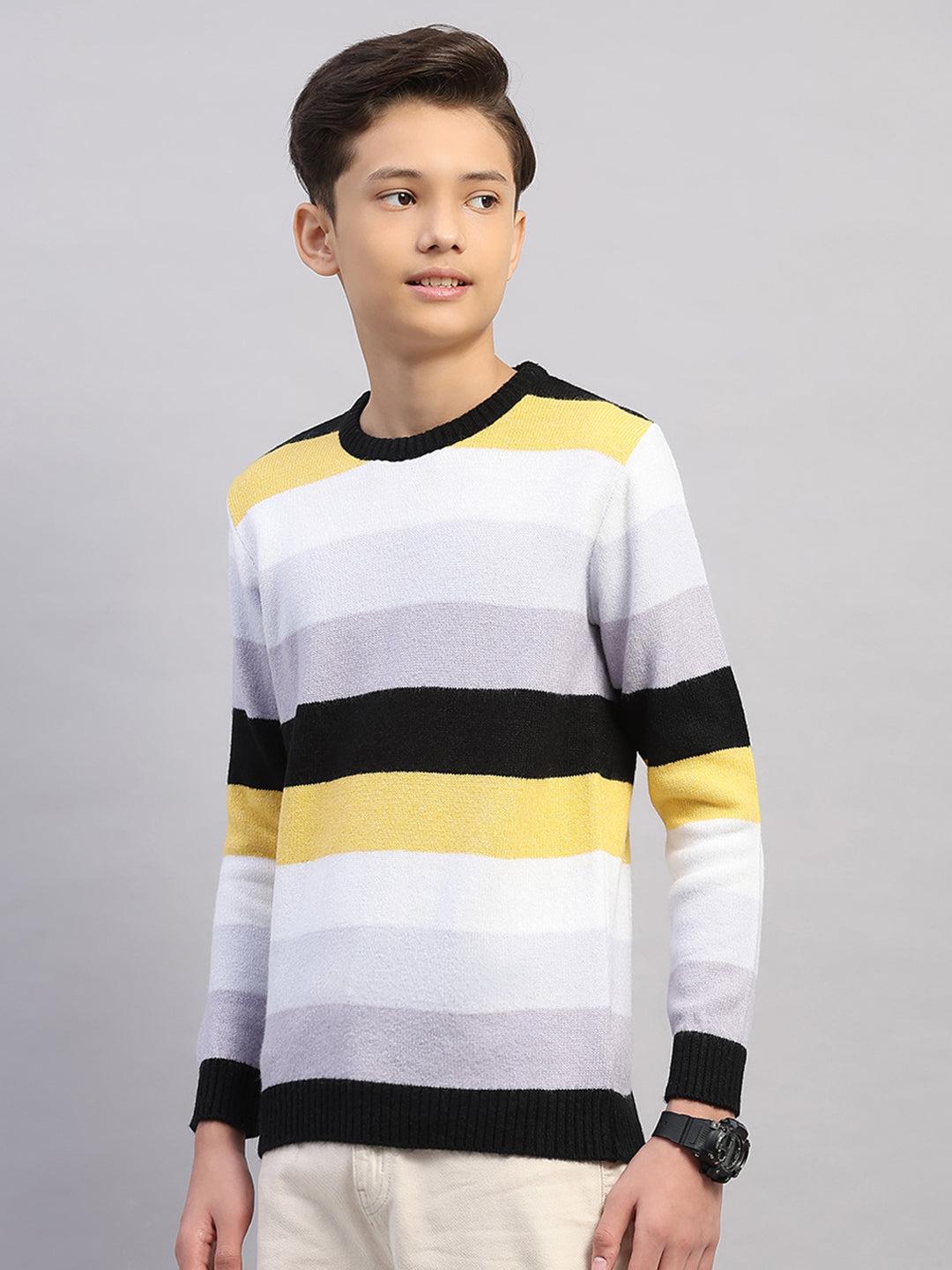 Boys Purple Stripe Round Neck Full Sleeve Pullover