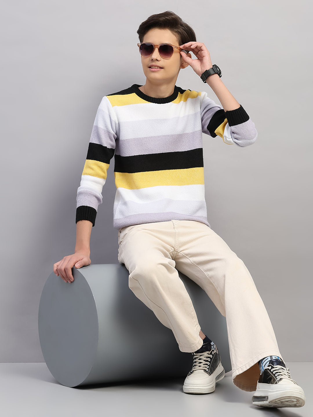 Boys Purple Stripe Round Neck Full Sleeve Pullover