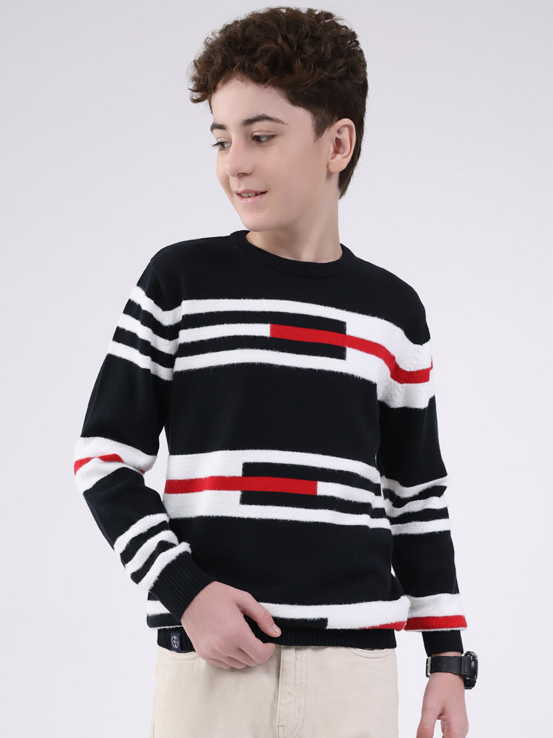 Boys Navy Blue Self Design Round Neck Full Sleeve Pullover