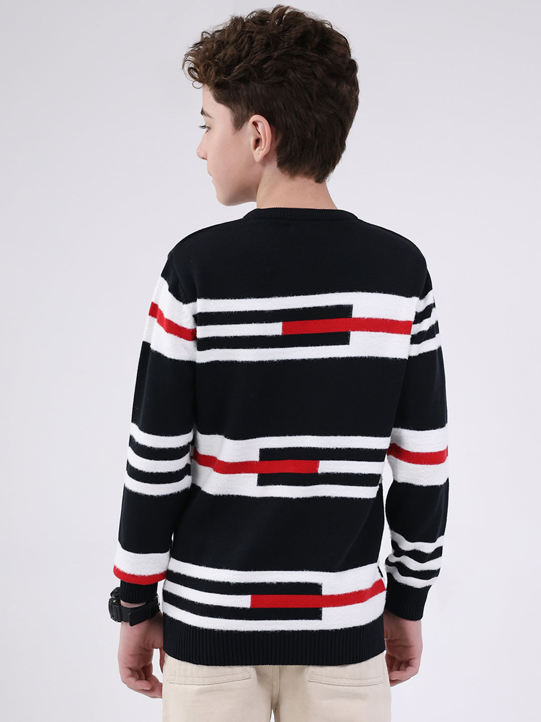 Boys Navy Blue Self Design Round Neck Full Sleeve Pullover