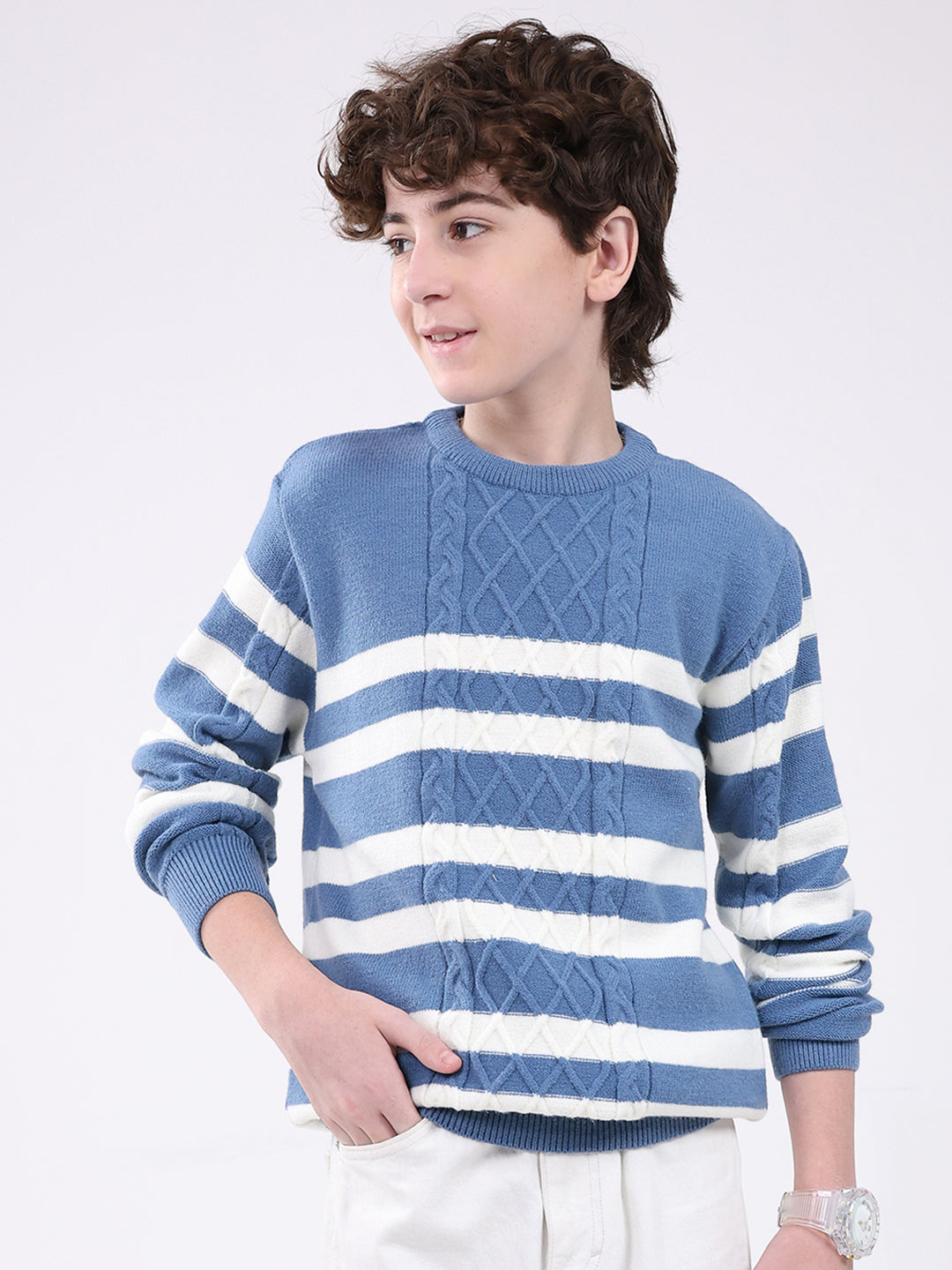 Boys Blue Self Design Round Neck Full Sleeve Pullover