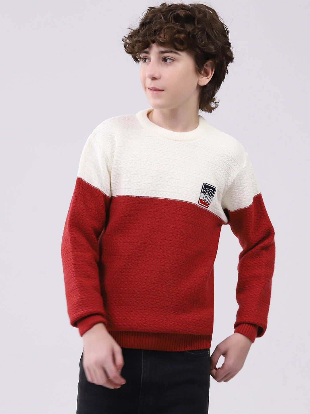 Boys Red Self Design Round Neck Full Sleeve Pullover