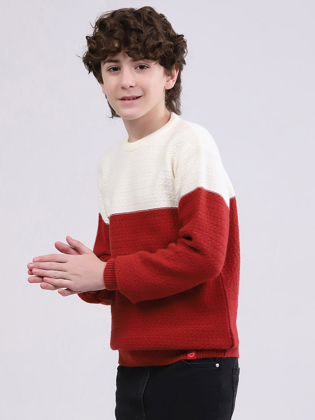 Boys Red Self Design Round Neck Full Sleeve Pullover