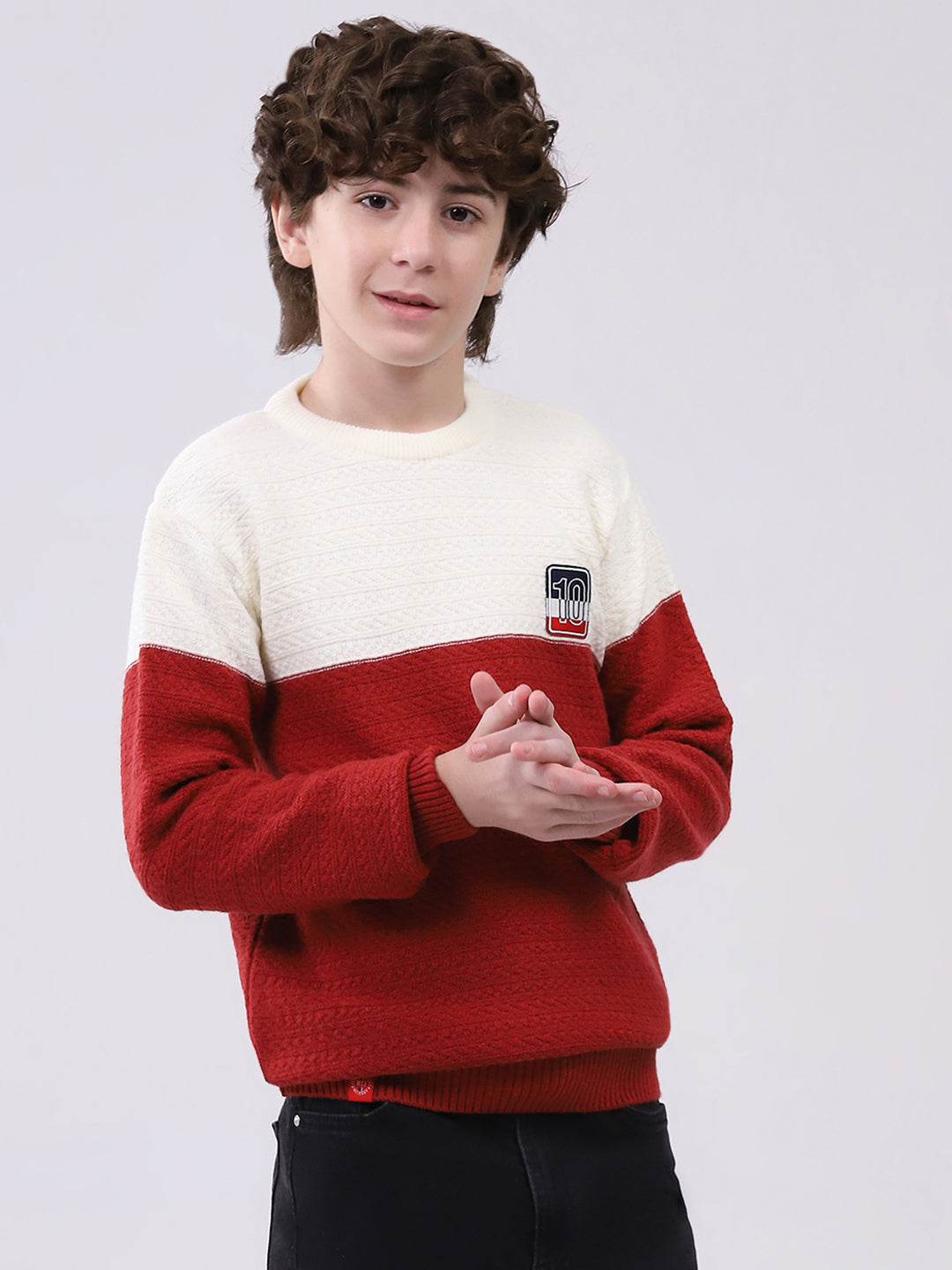 Boys Red Self Design Round Neck Full Sleeve Pullover