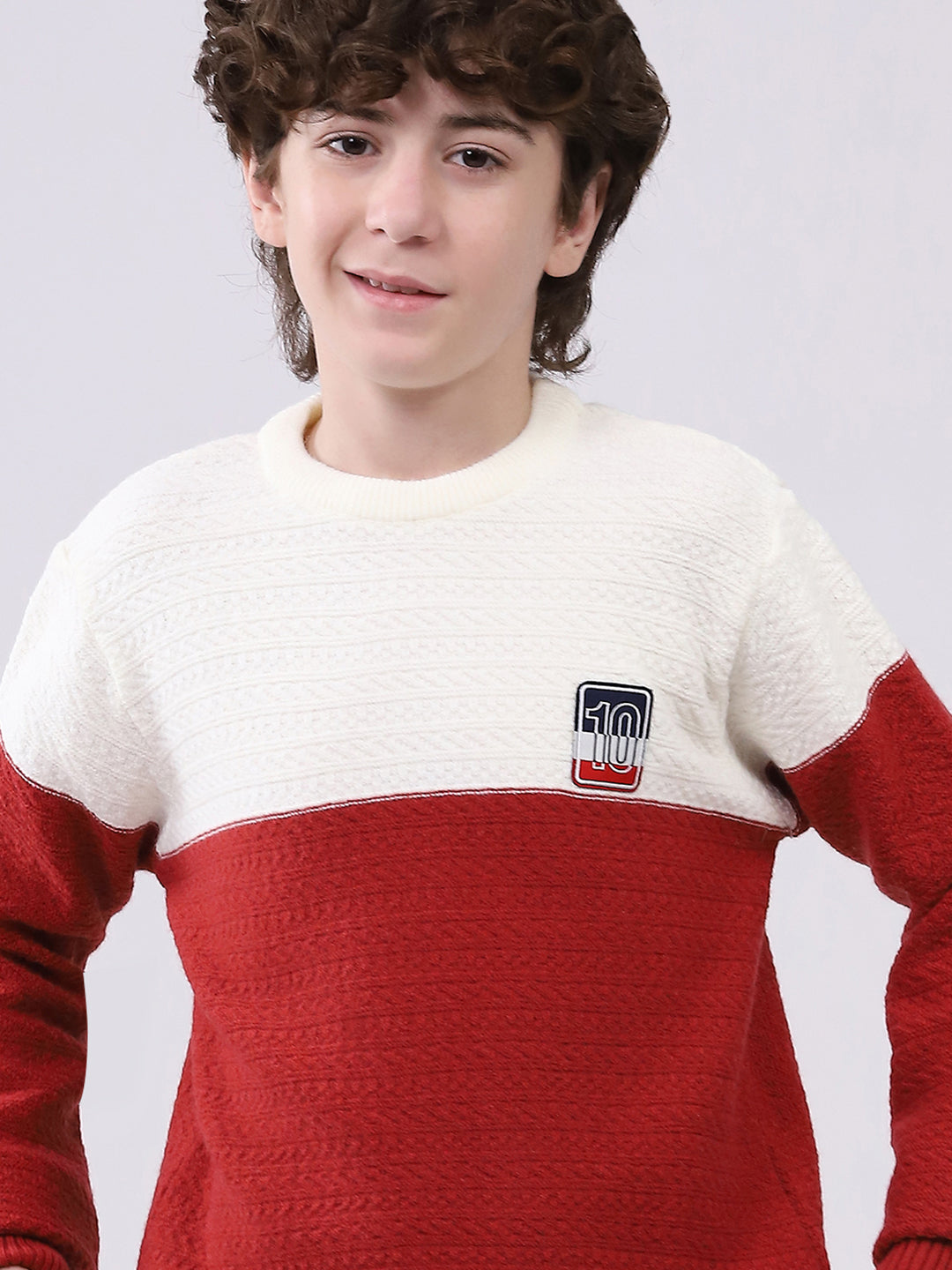 Boys Red Self Design Round Neck Full Sleeve Pullover