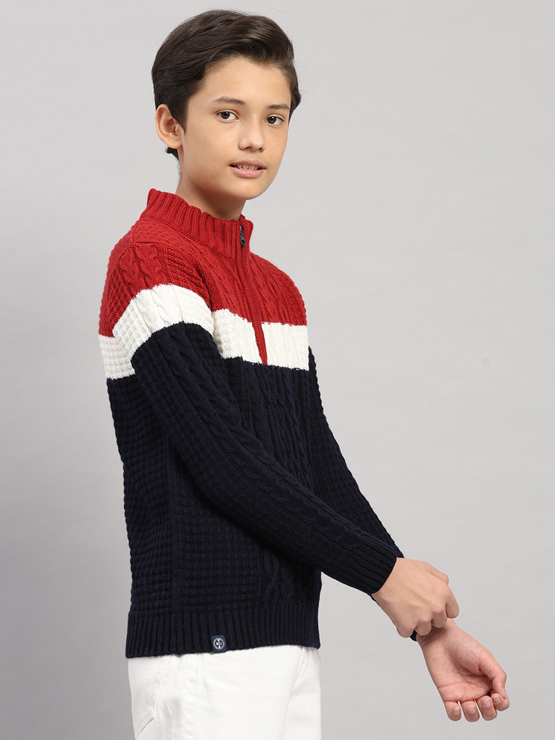 Boys Navy Blue Printed Collar Full Sleeve Pullover